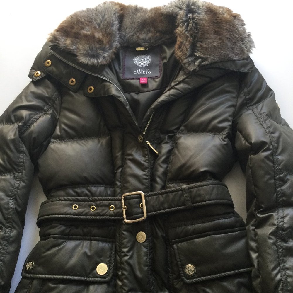 Vince Camuto Women's Belted  Faux Fur trim  hooded puffer coat.
